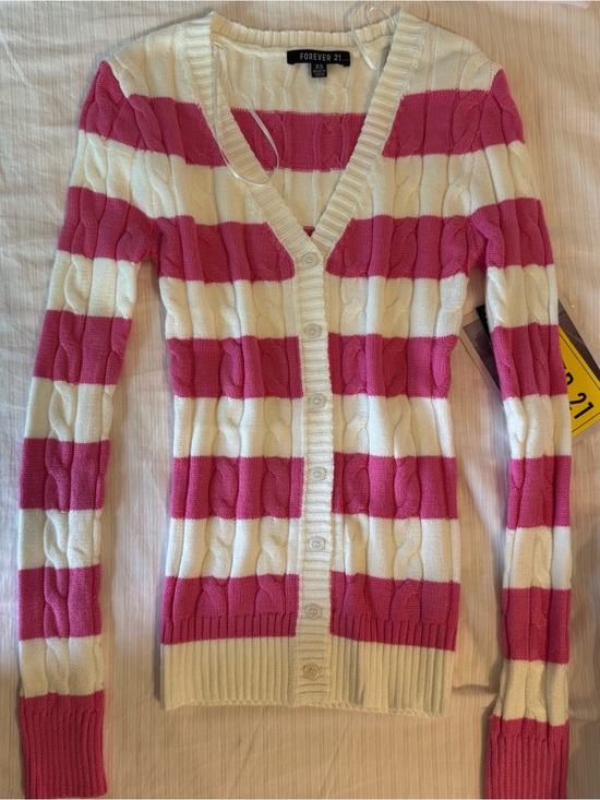Forever 21 Sweaters - Forever 21 vintage Pink and white Striped Cable-Knit Cardigan Sweater